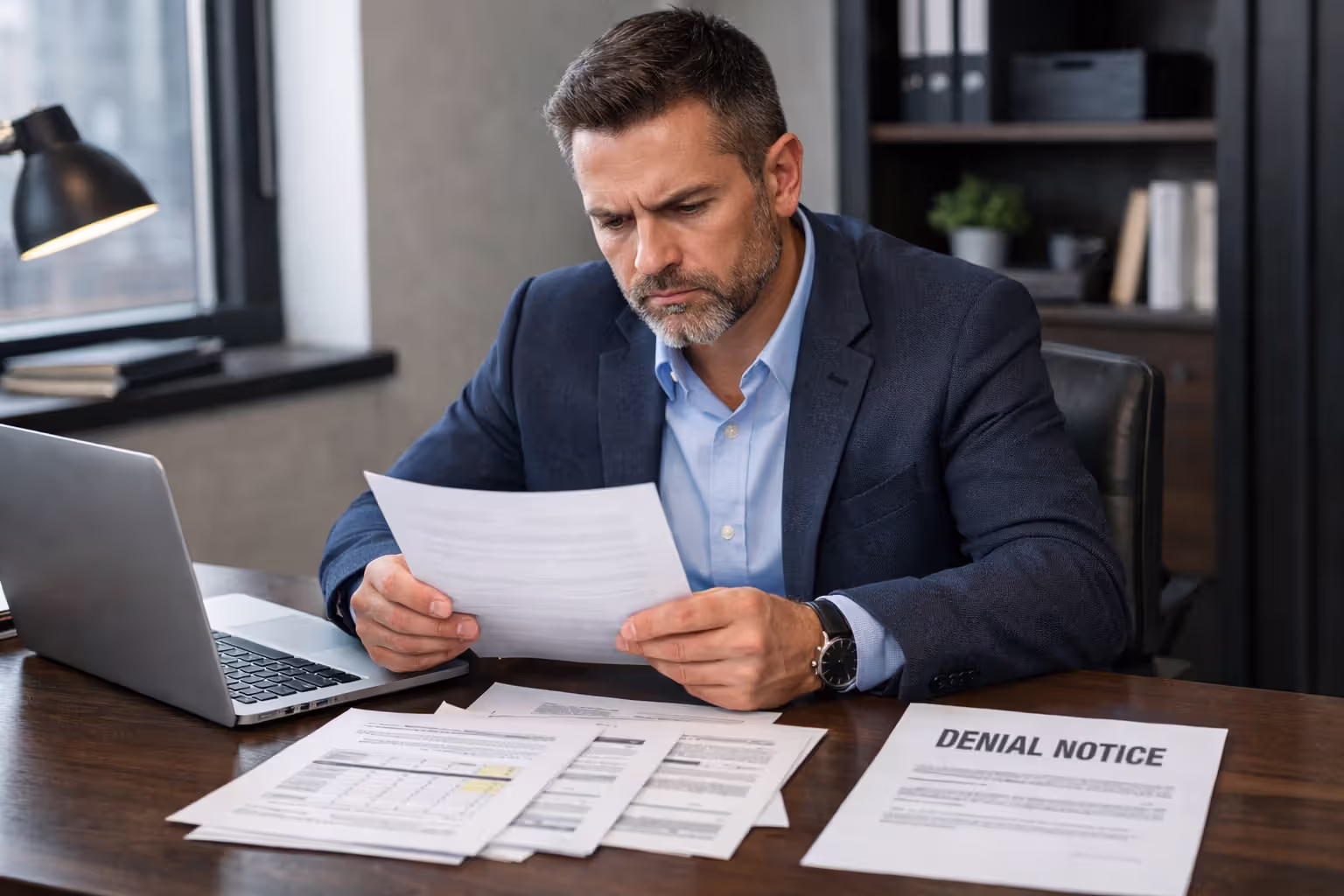 Business owner reviewing rejected loan application and financial documents
