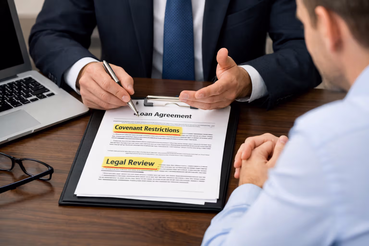 Attorney explaining loan covenant terms to a business owner