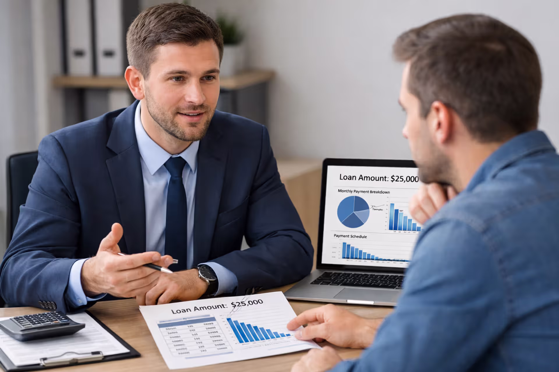 Person reviewing loan documents at a desk with calculator and laptop