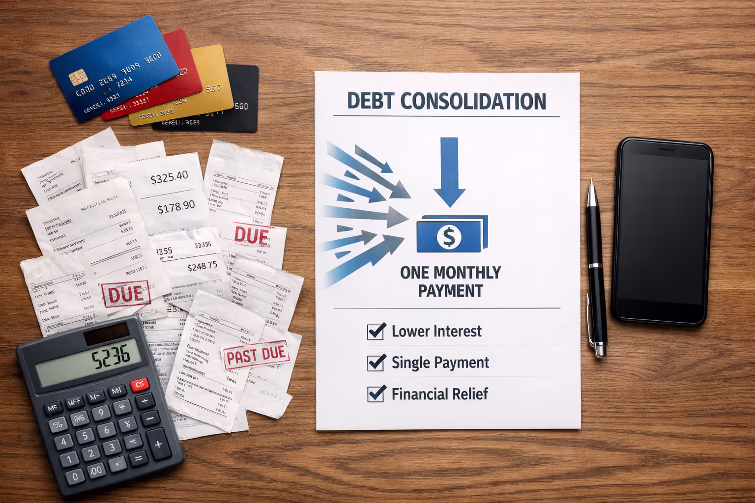 Top view of bills, credit cards, and a single debt consolidation document