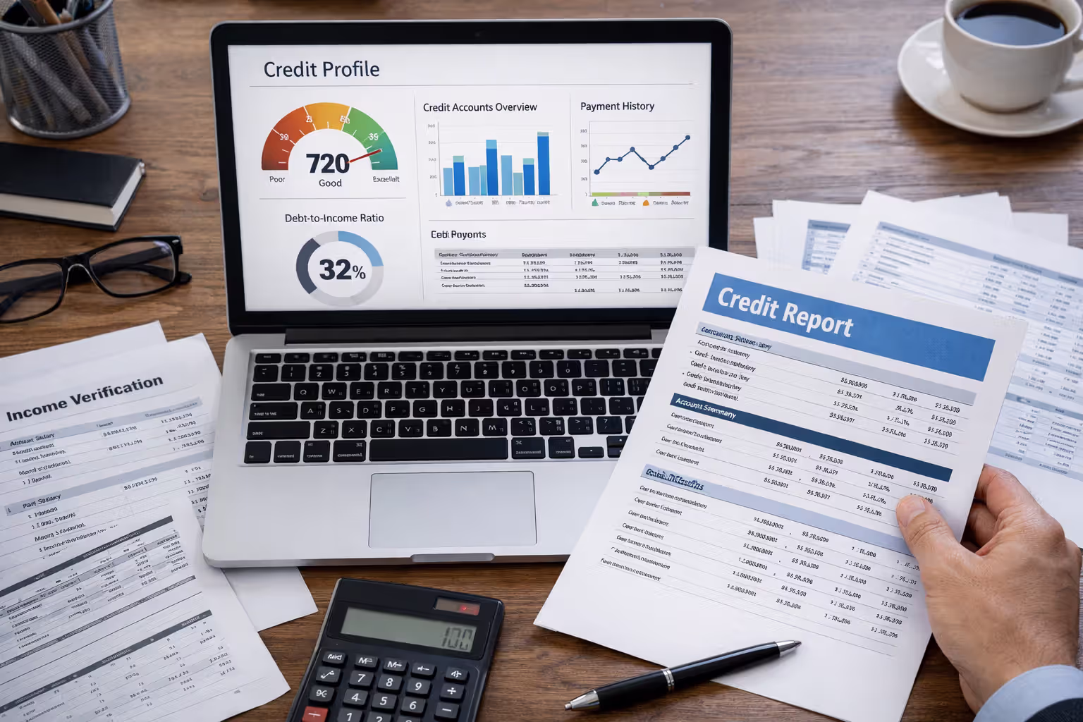 Loan application review with credit report, income documents, and calculator