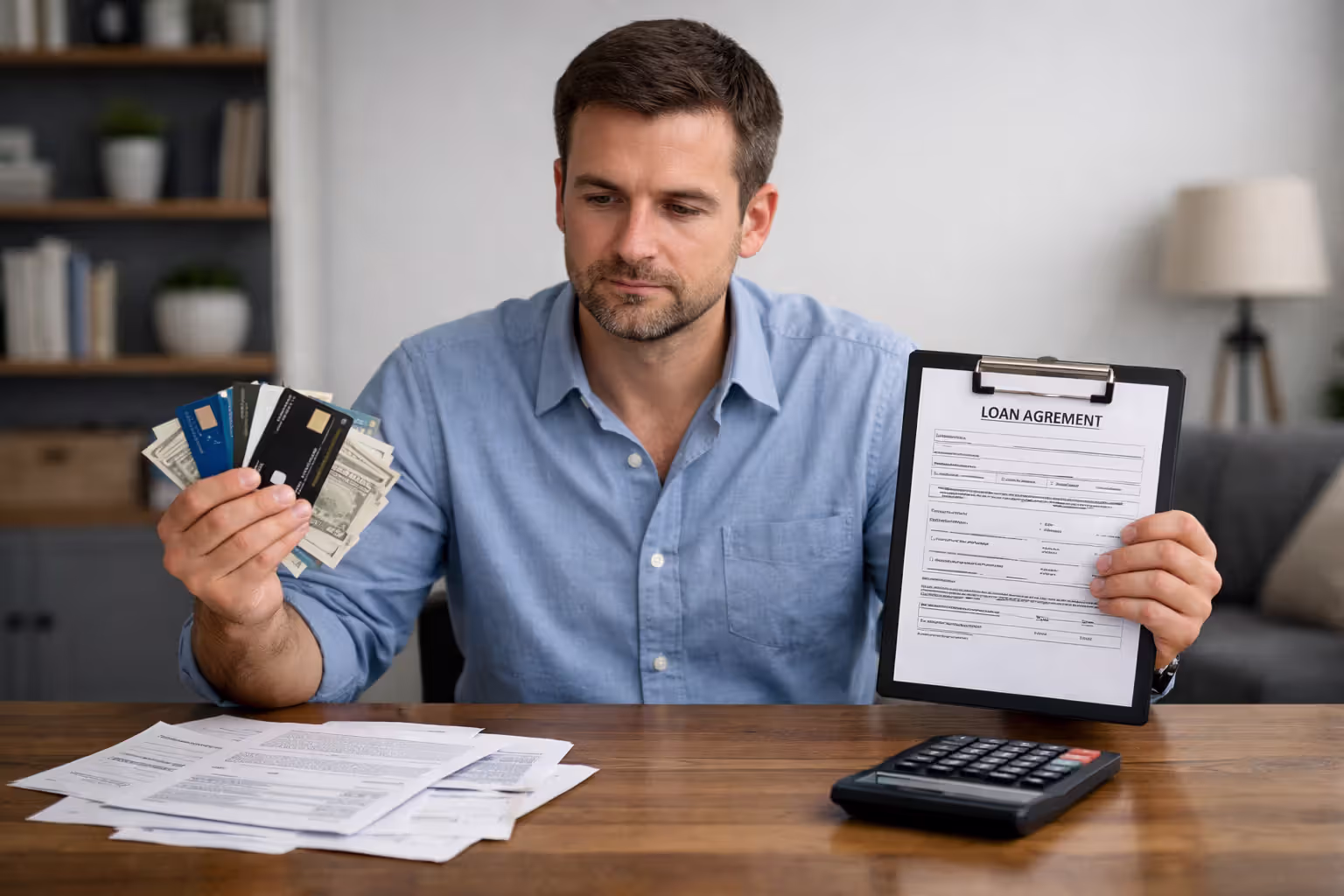 Man comparing multiple credit card debts with a single consolidation loan option
