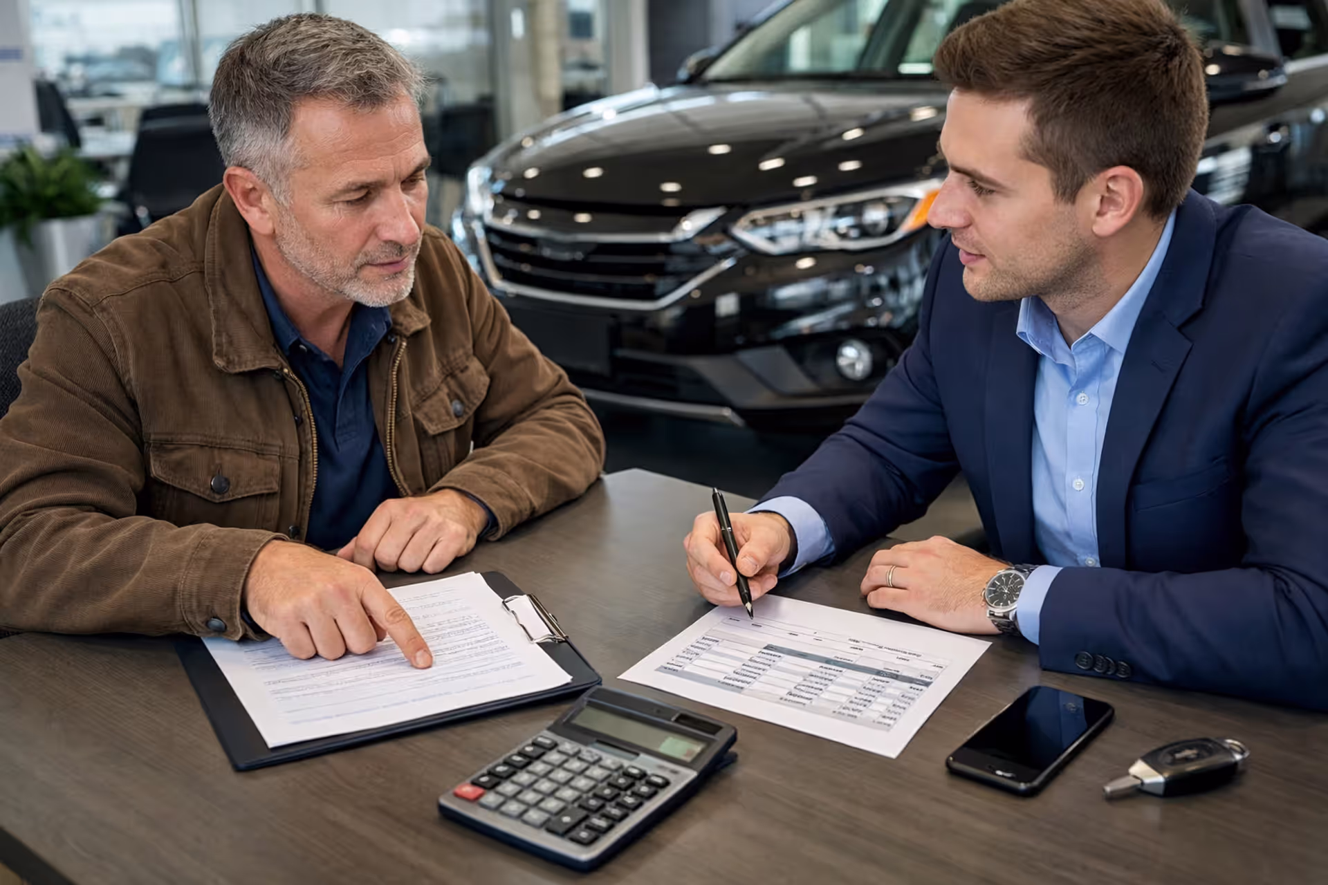 Car buyer reviewing loan terms with a dealer at a desk in a showroom