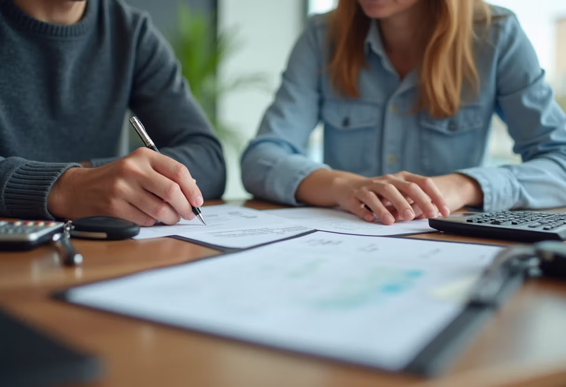 Buyer signing car loan documents at dealership desk