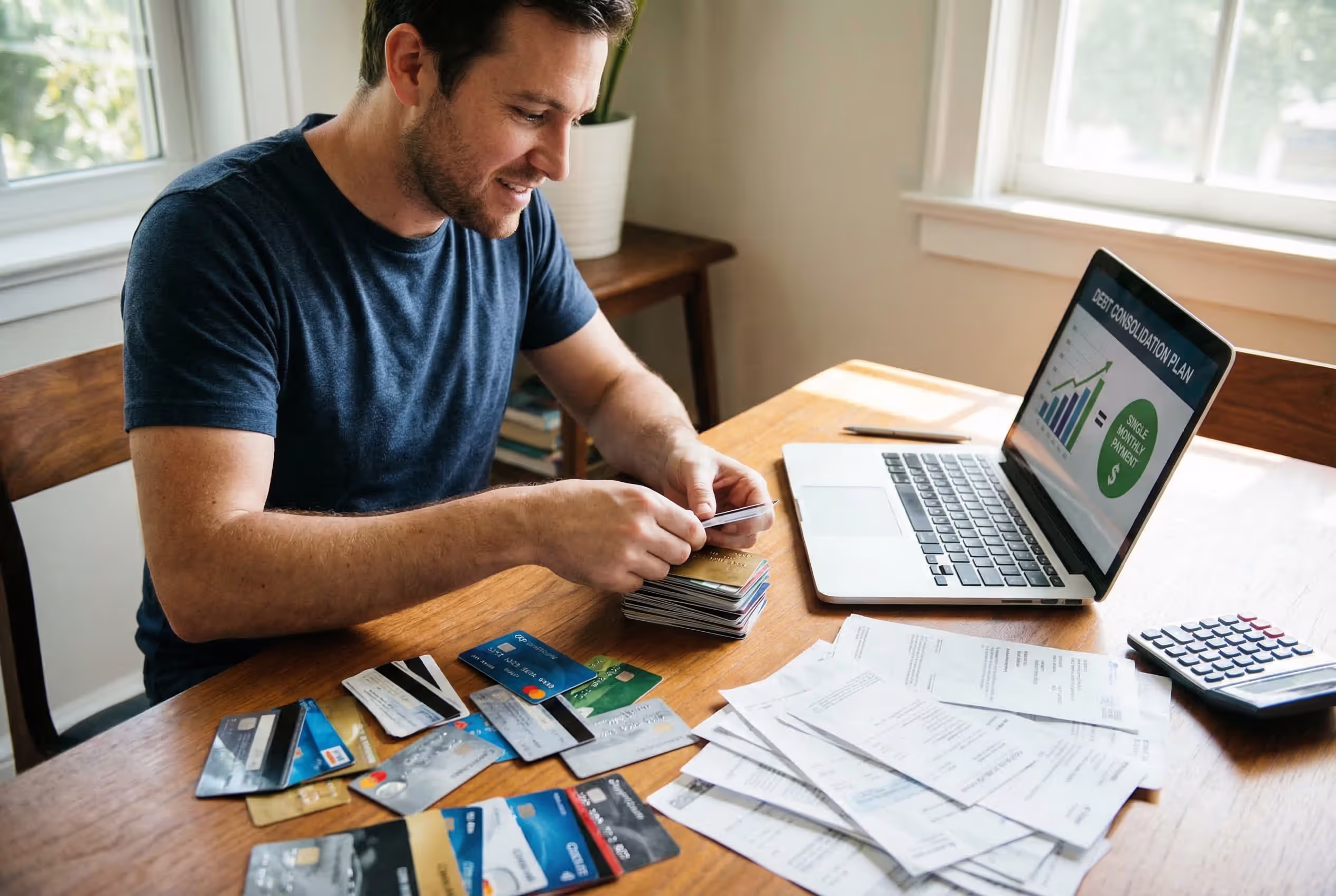 Person organizing bills and credit cards for debt consolidation