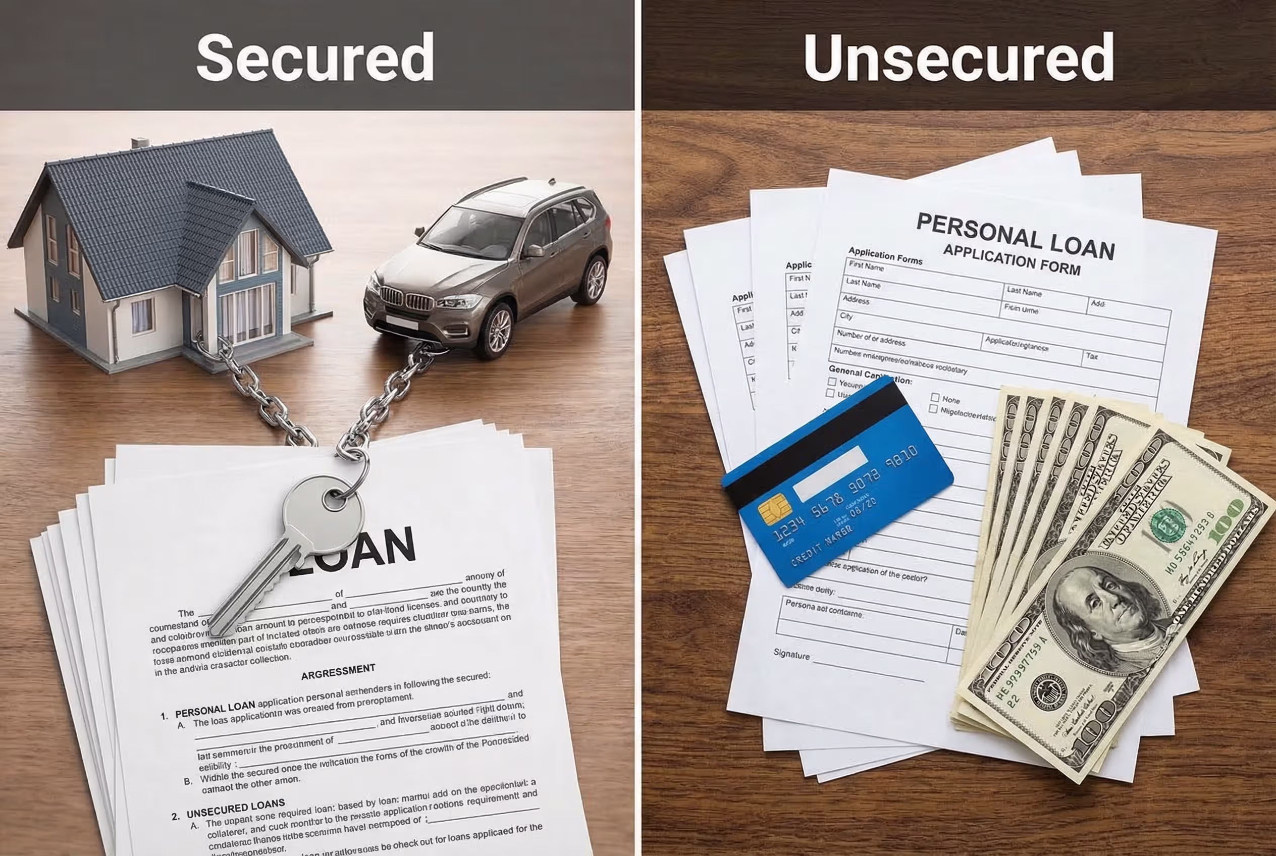 Different types of unsecured loans represented by credit card, medical bill, student papers, and personal loan form