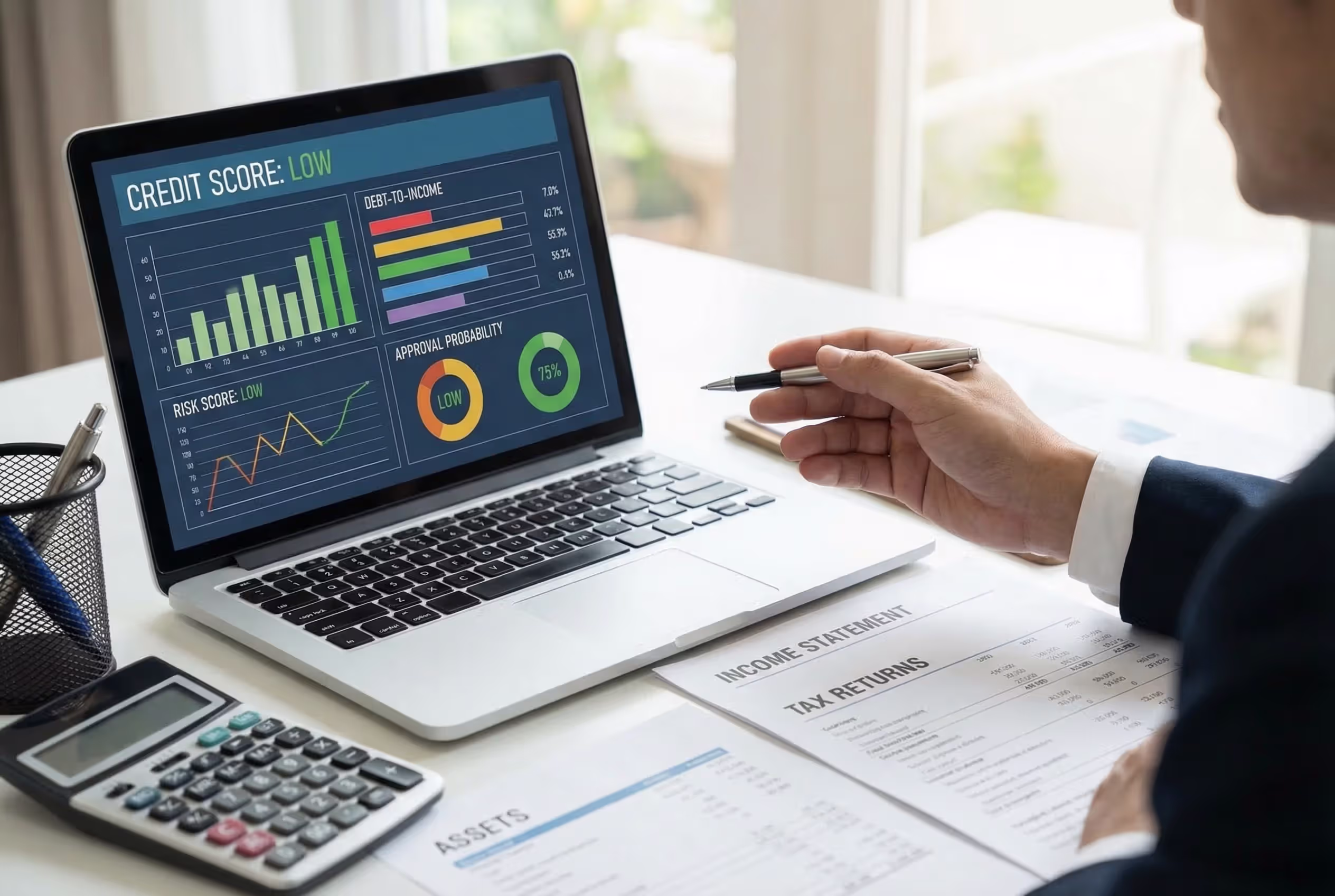 Lender reviewing credit score, income documents, and unsecured loan application