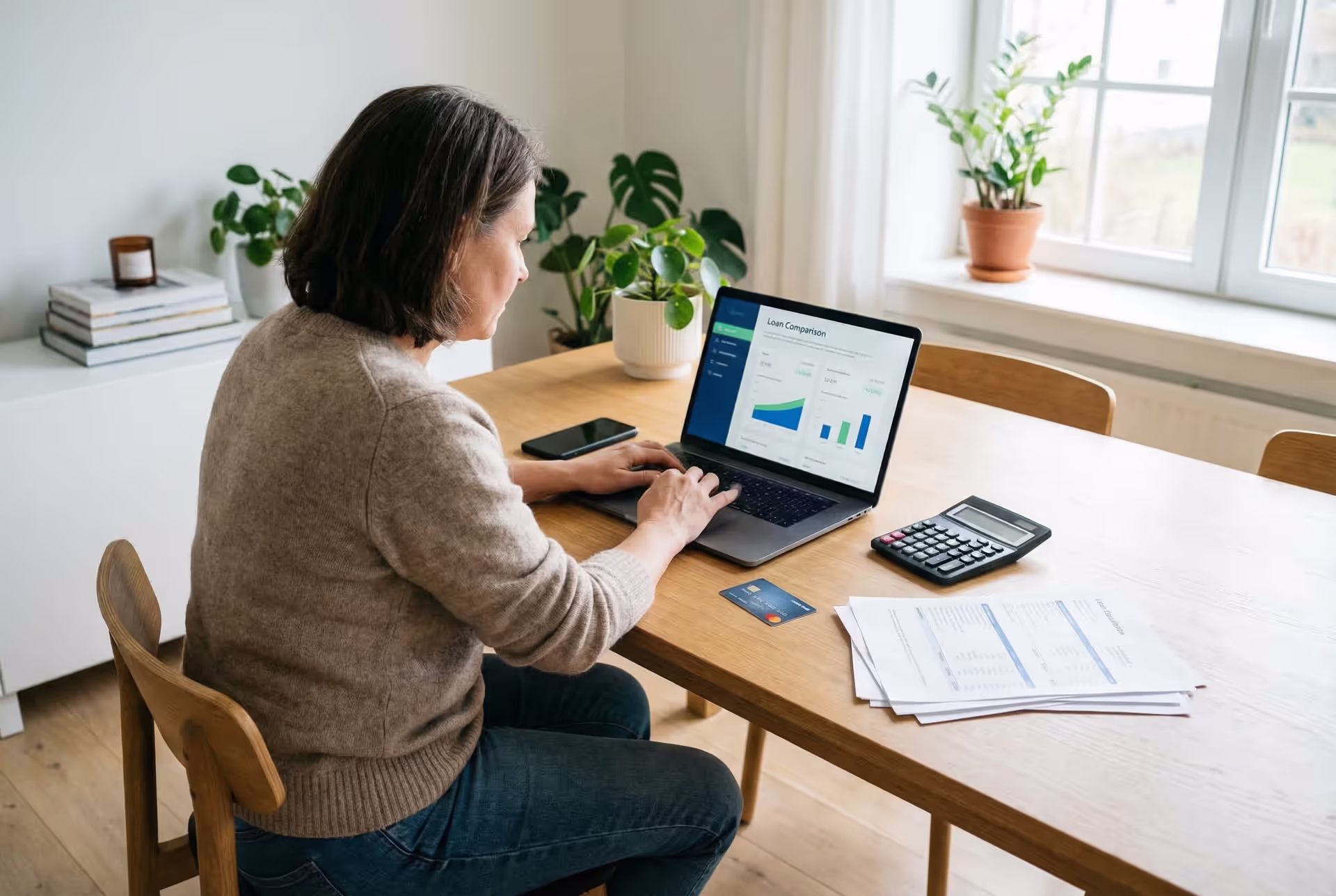 Person comparing personal loan options at home with laptop and financial documents