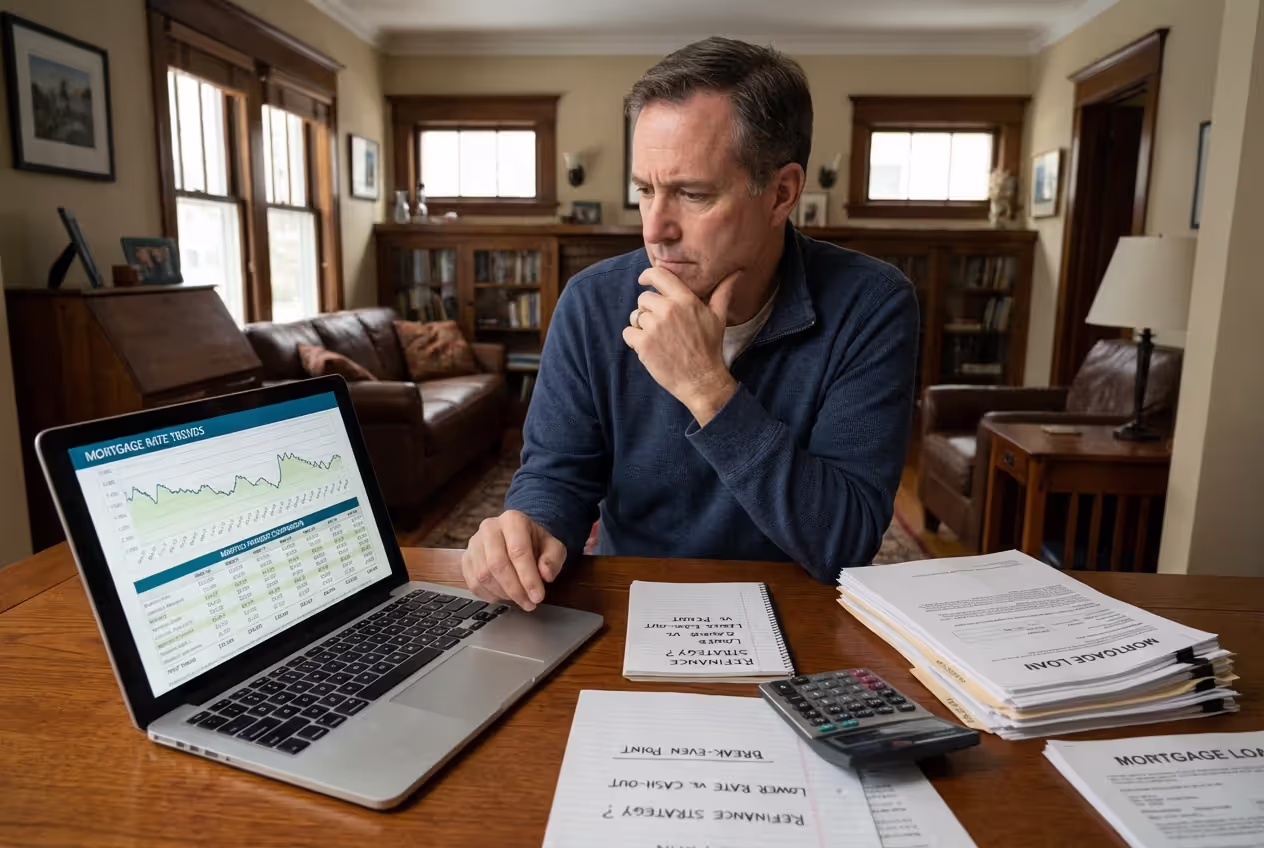 Homeowner analyzing refinance scenarios before choosing an option