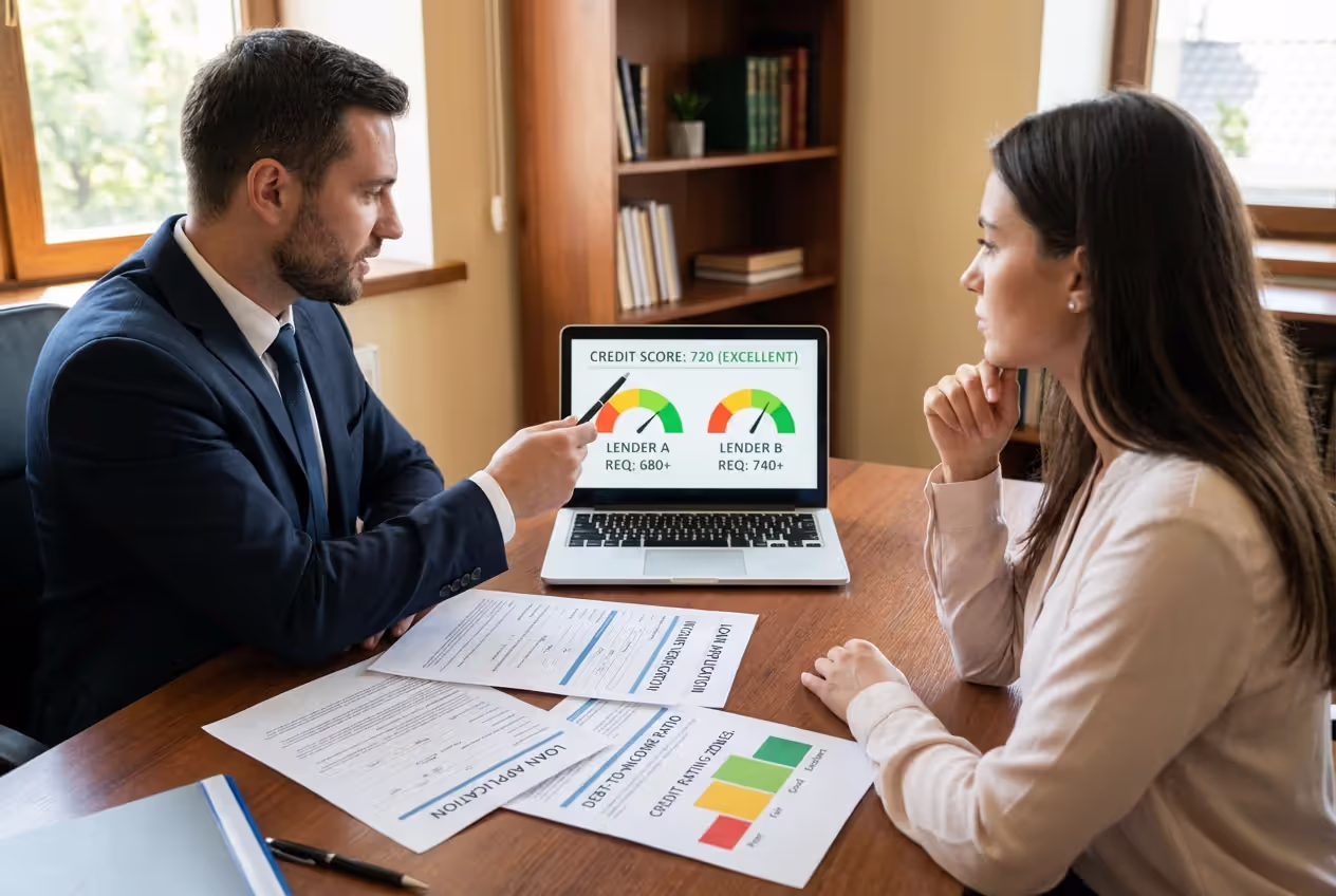 Borrower reviewing credit score requirements with a loan officer