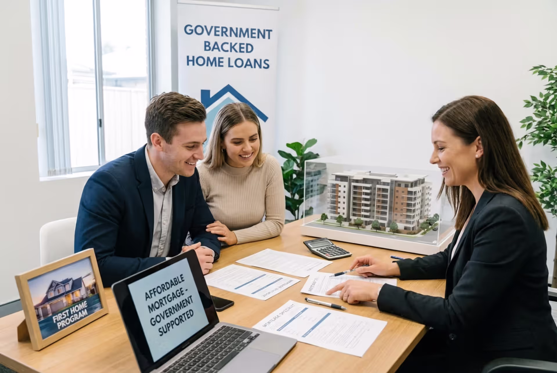 Young homebuyers meeting with a mortgage advisor in an office