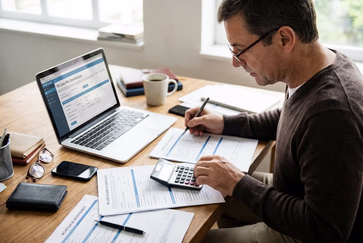Veteran reviewing mortgage paperwork and loan options at a desk