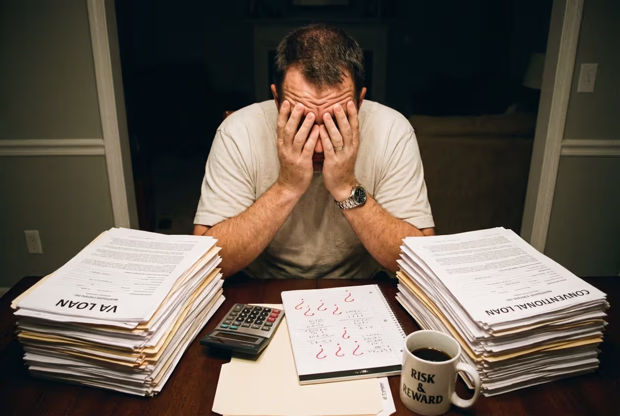 Borrower comparing mortgage options and avoiding common VA loan mistakes