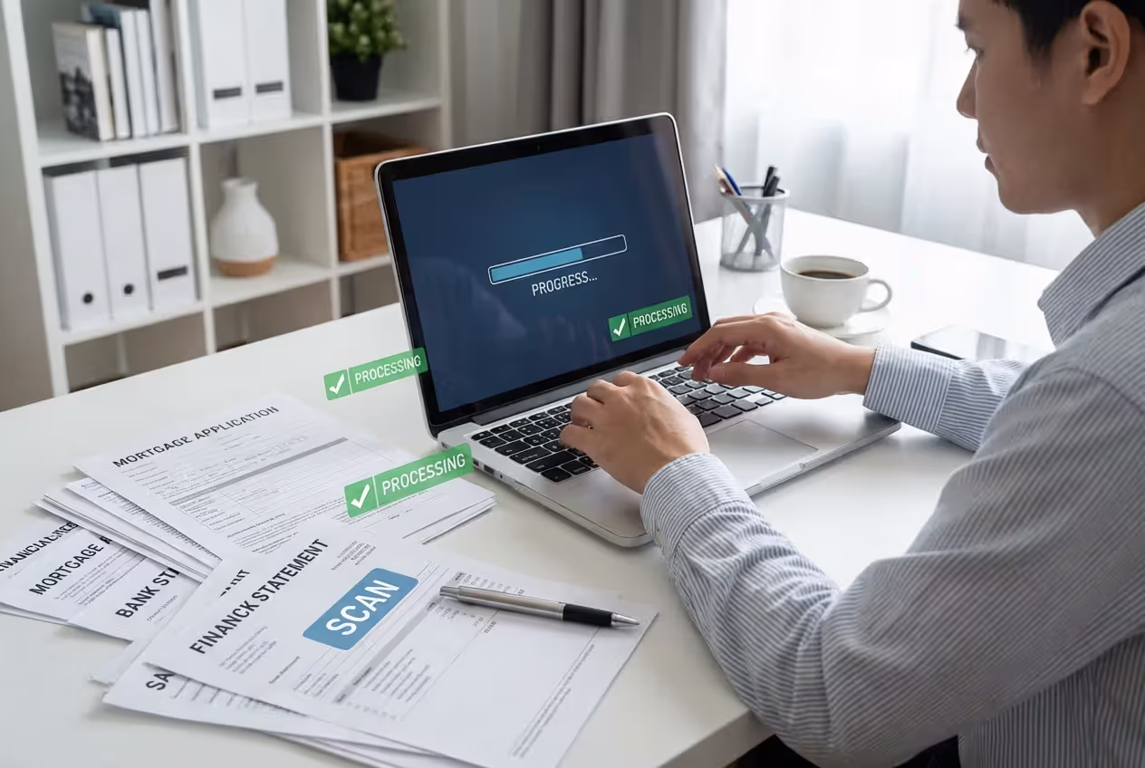 Borrower submitting mortgage documents quickly from a desk