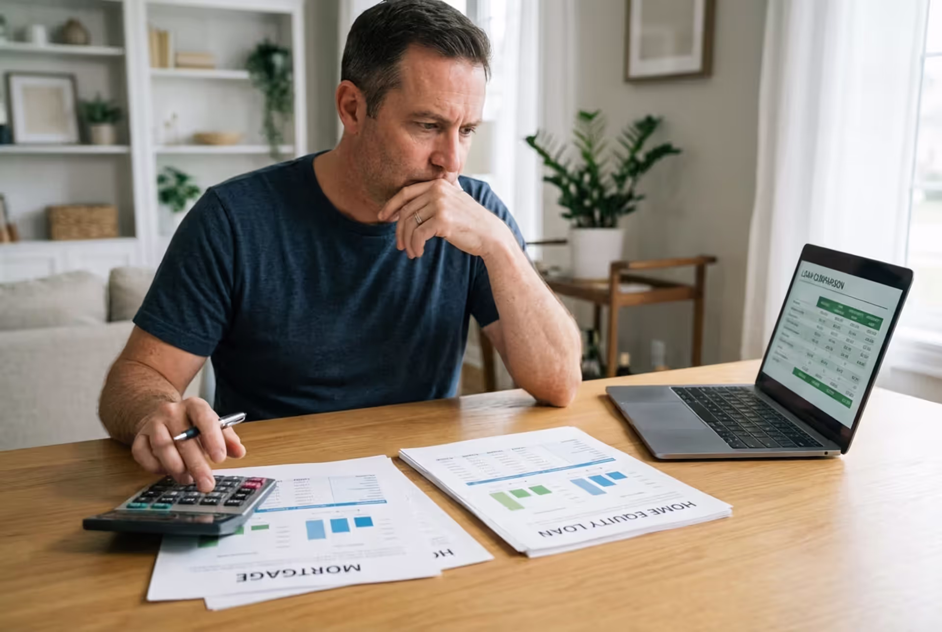 Homeowner reviewing mortgage and home equity loan documents at a table