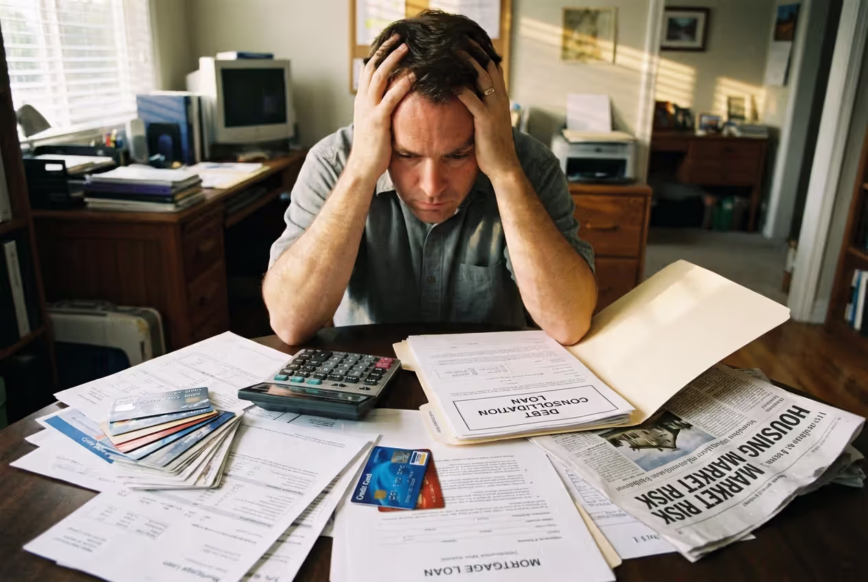 Homeowner reviewing credit card debt and home equity loan paperwork