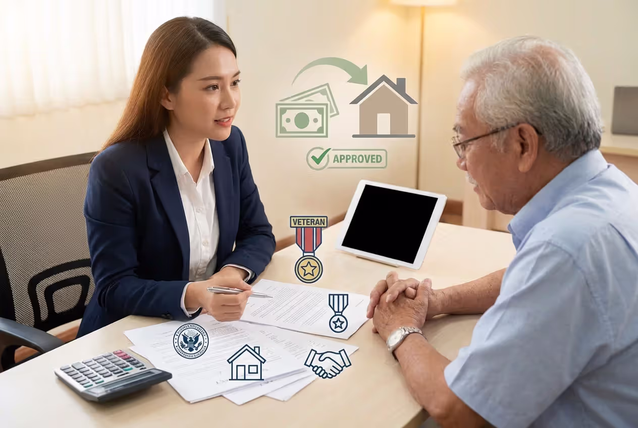 Lender explaining VA-backed mortgage terms to a veteran