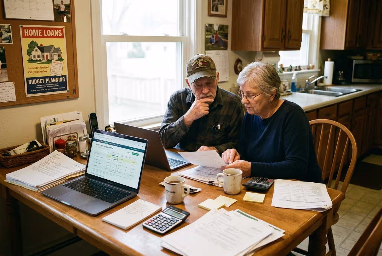 Veteran couple comparing mortgage offers at home
