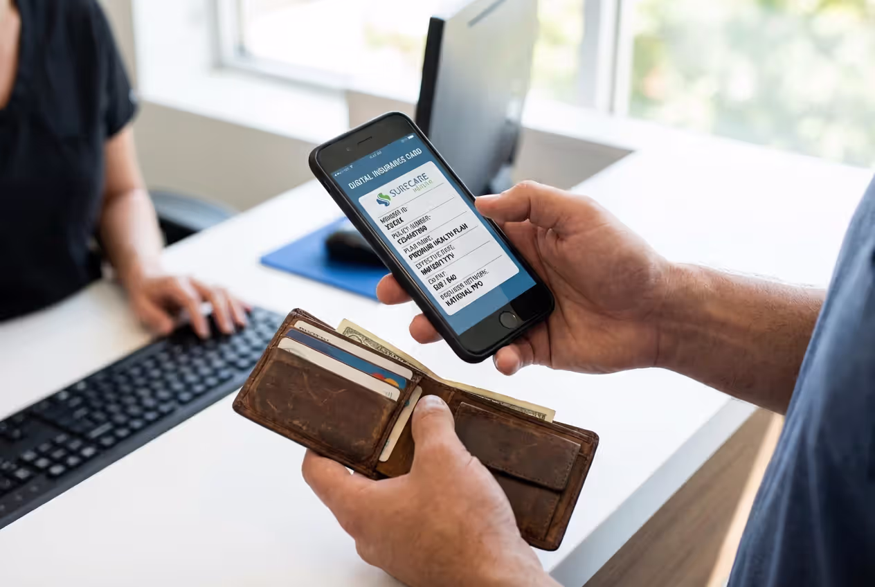 Person showing digital insurance card on smartphone