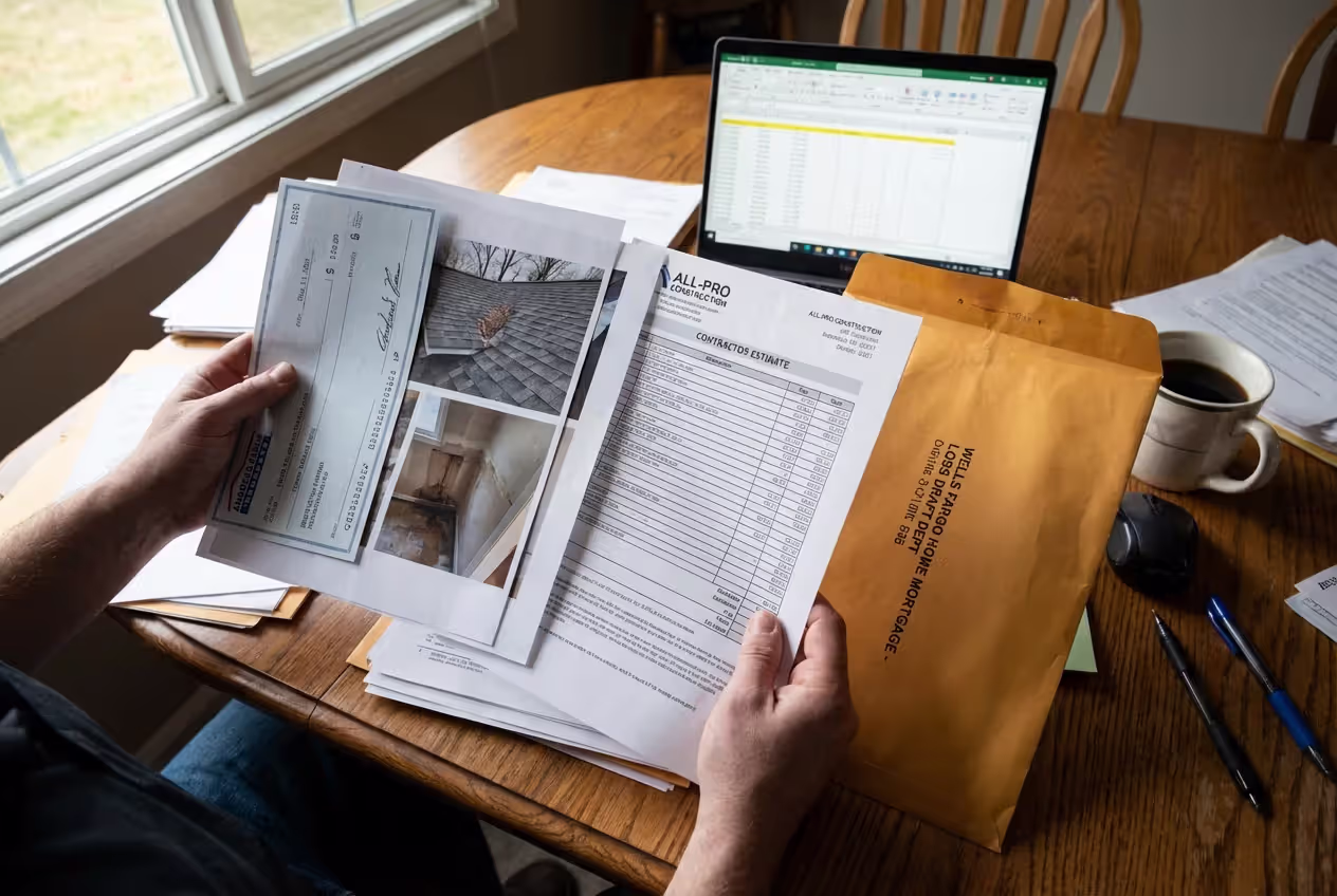 Homeowner preparing documents for a multi-payee insurance check