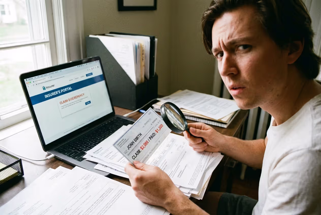 Person reviewing an insurance claim check with payment issues