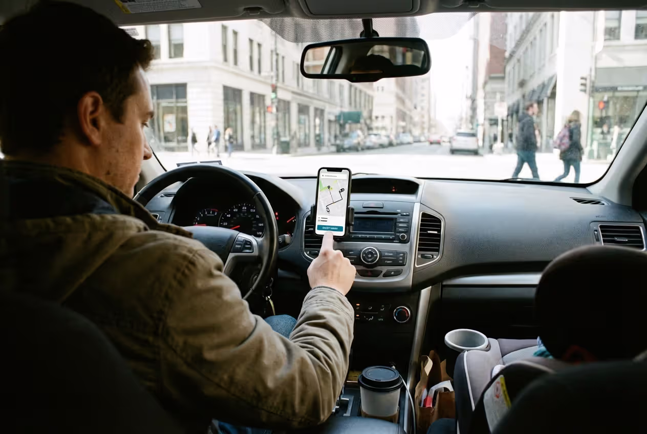 Driver using a ride-share or delivery app inside a car