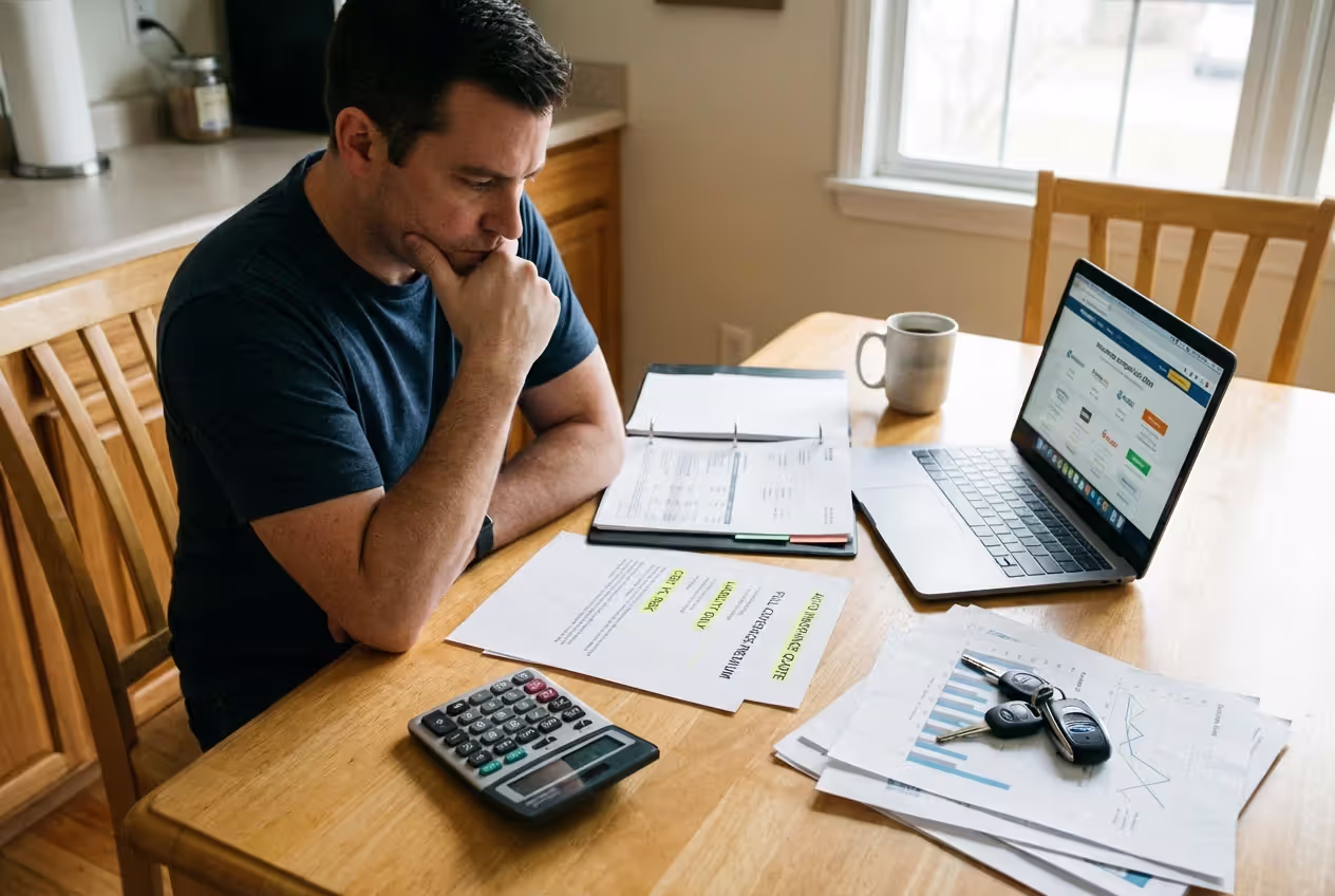 Person comparing car insurance costs at a desk