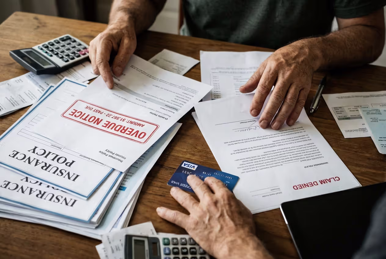 Unpaid insurance bill and policy documents on desk with person reviewing paperwork