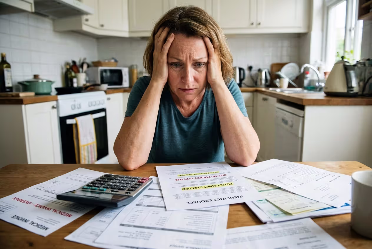 Person reviewing bills after insurance limit concerns