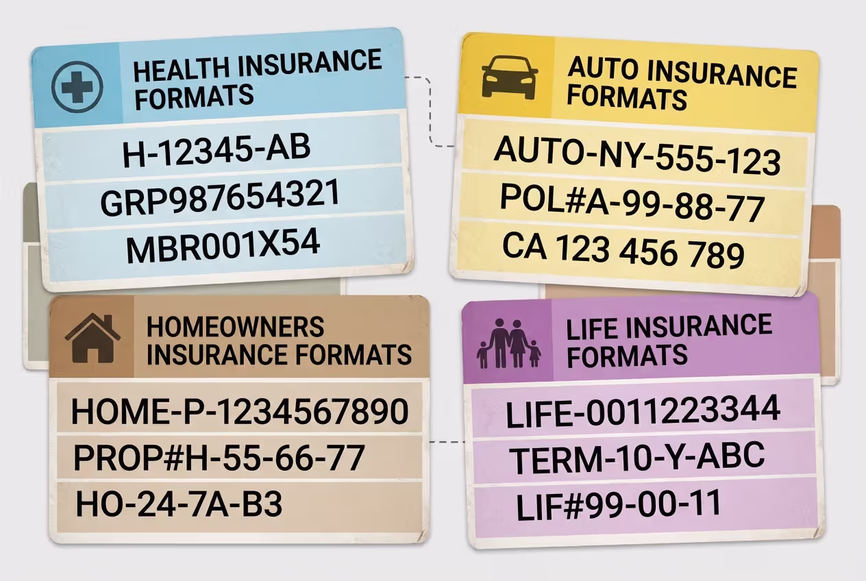 Examples of insurance policy number formats across health, auto, home, and life coverage
