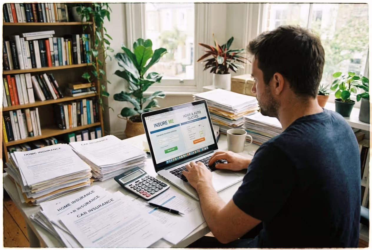 Person comparing umbrella insurance quotes at a home desk