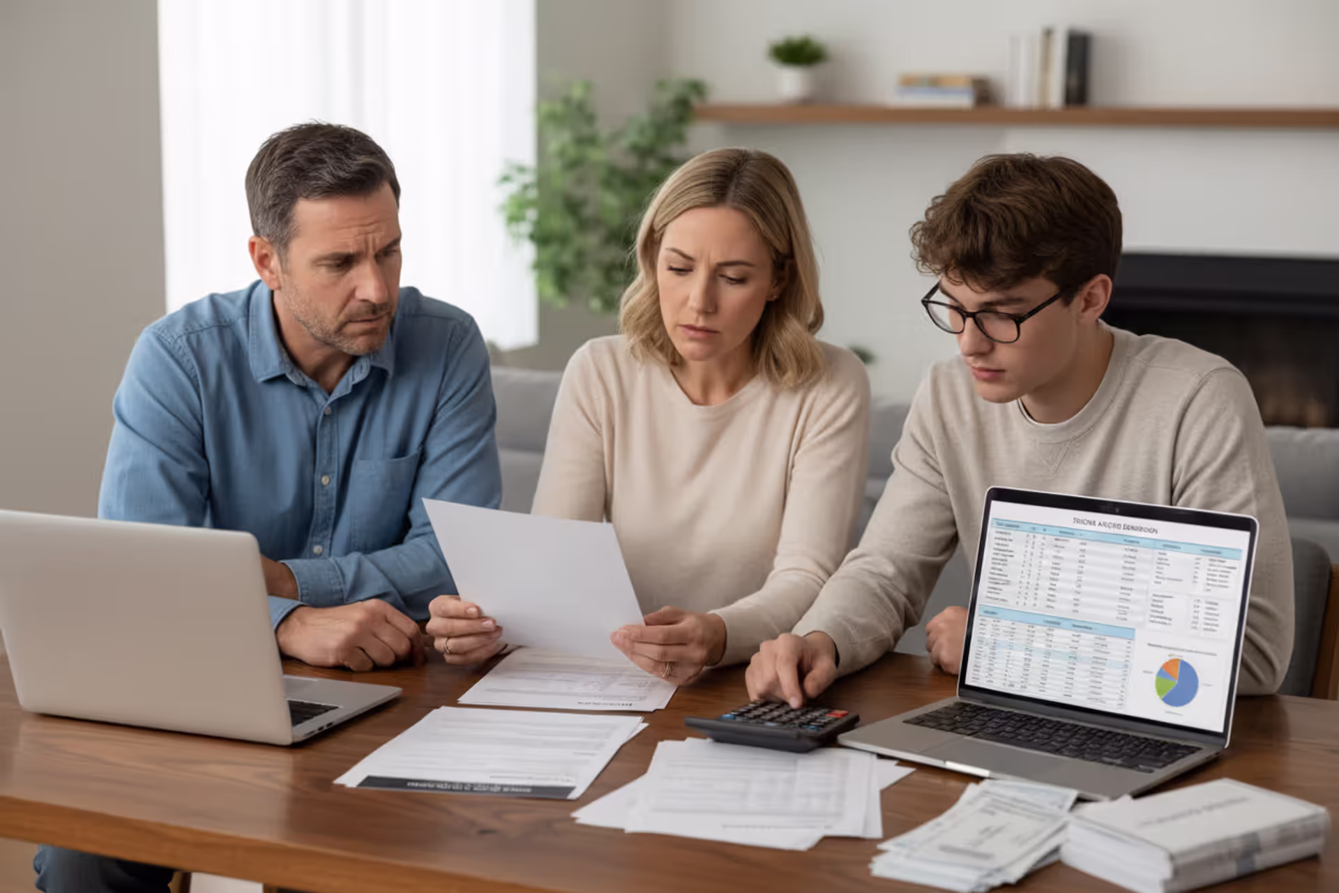 Family reviewing college costs and parent loan documents at home