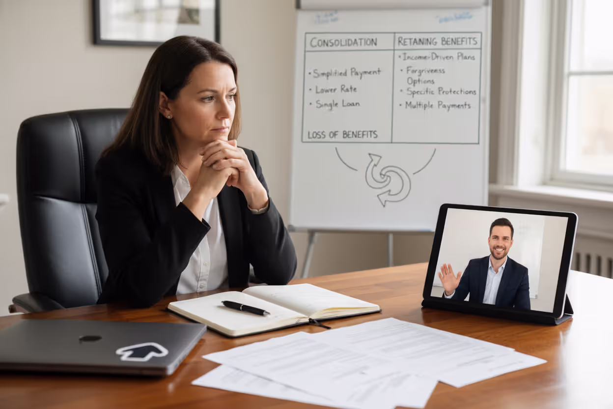 Borrower discussing loan consolidation options with an advisor
