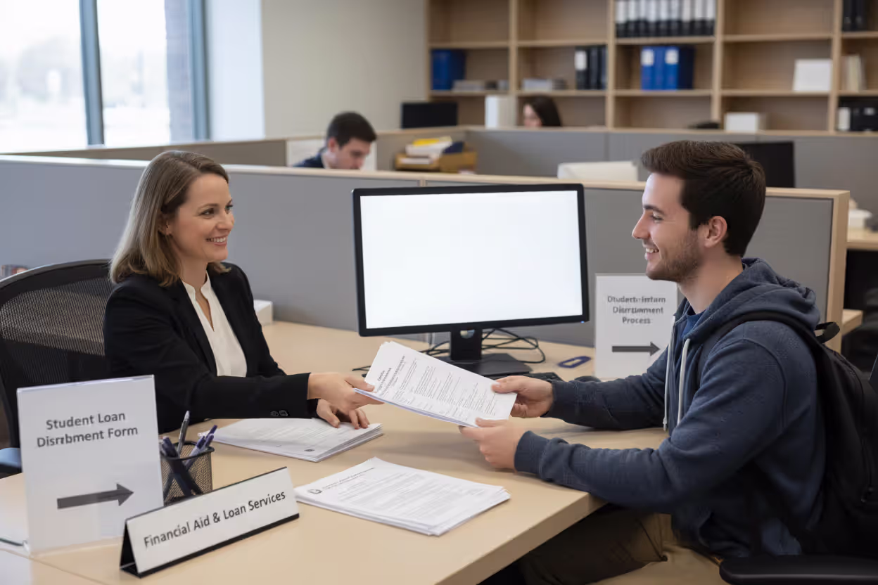 Student loan disbursement and servicing process in an office