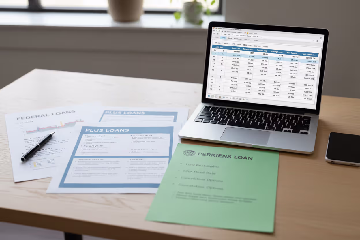 Student loan documents and repayment options on a desk